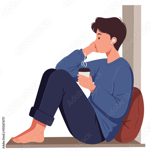 Young adult leaning on a windowsill, drinking coffee with wireless earbuds