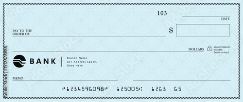 Bank check, vector blank money cheque, checkbook template with guilloche pattern and fields. Currency payment coupon, money check background