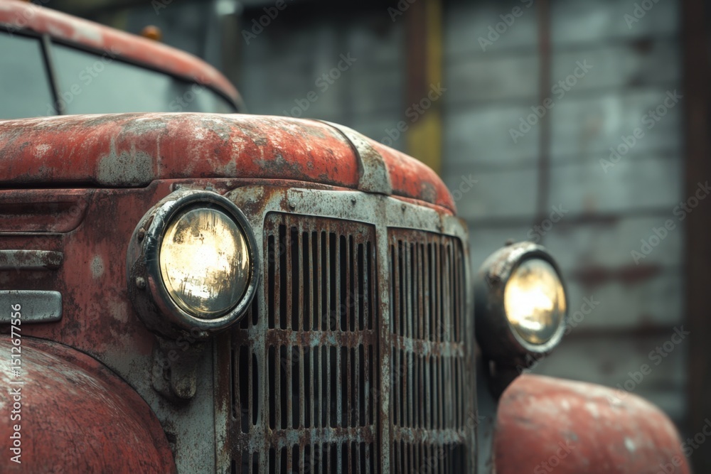Fototapeta premium Rustic Vintage Truck Closeup: A weathered, rusty red vintage truck's front grill and headlights glow softly, hinting at stories of bygone eras. The image exudes a sense of nostalgia and rugged charm.