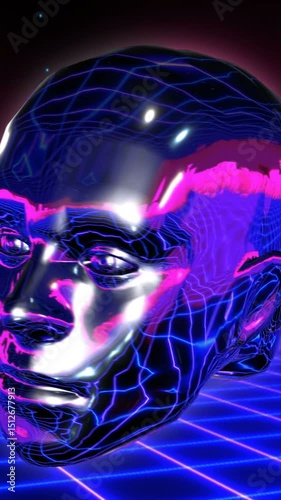 Retro Futuristic vertical video of metal head and a grid landscape.