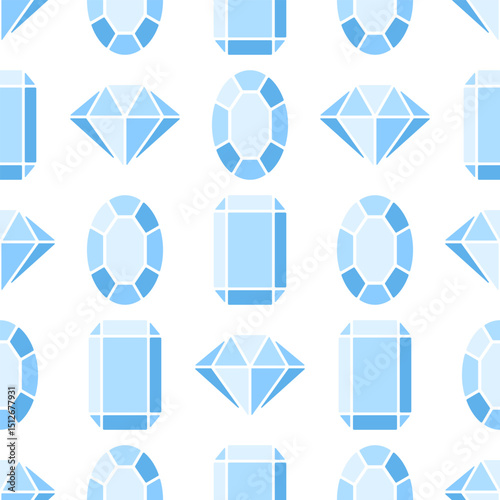 Blue diamonds seamless pattern. Stylized gemstones on white background. 