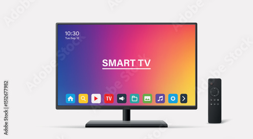 Smart TV Vector Illustration with Remote Control. Modern Smart TV Vector Art for Interface Design. Realistic Smart TV Vector for Technology Mockup. Stylish Television and Remote for App and Branding