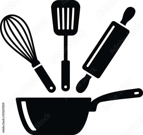 Baking and Cooking Utensils Whisk, Spatula, Rolling Pin, and Pan