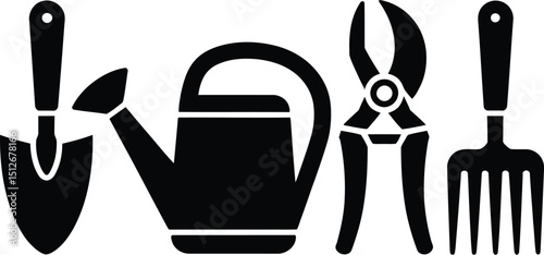 Gardening Tools Icons Shovel, Watering Can, Pruners, and Garden Fork Silhouette Set