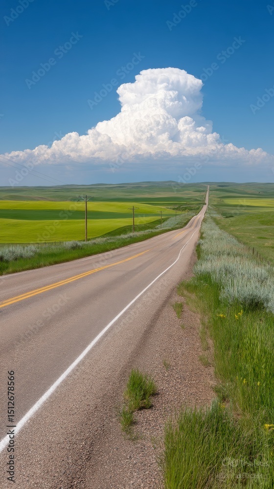 Fototapeta premium Expansive Rural Road Under A Vast Blue Sky With Dramatic White Clouds In A Vibrant Green Landscape