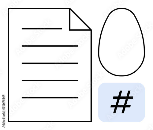 Paper with text lines next to abstract egg shape and metadata tag in square. Ideal for content creation, document design, branding, social media, organization, education, simple landing page