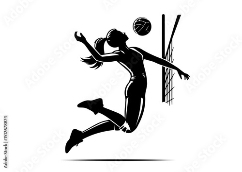 Female volleyball player spiking ball in black and white silhouette