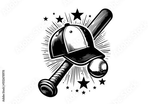 Baseball cap bat and ball in black and white illustration