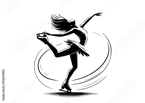 Female figure skater spinning in black and white illustration