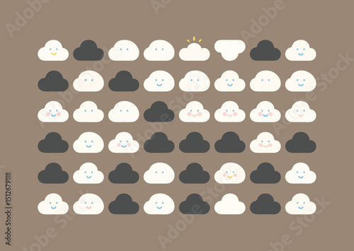 Cute Cloud Pattern with Smiling Faces and One Shining Cloud Illustration