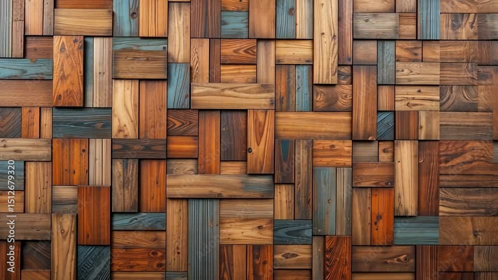 Wooden blocks of varied sizes and colors arranged in a mosaic pattern on a flat surface