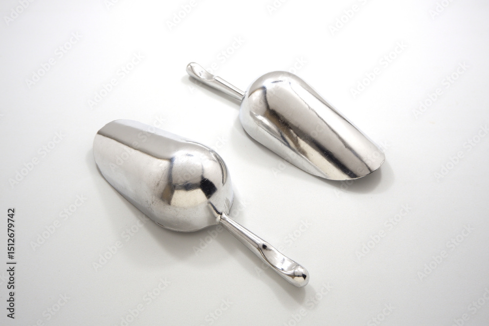 Aluminium handy scoops layered together side by side on white background close-up view Aluminium handy scoops layered together side by side on white background close-up view