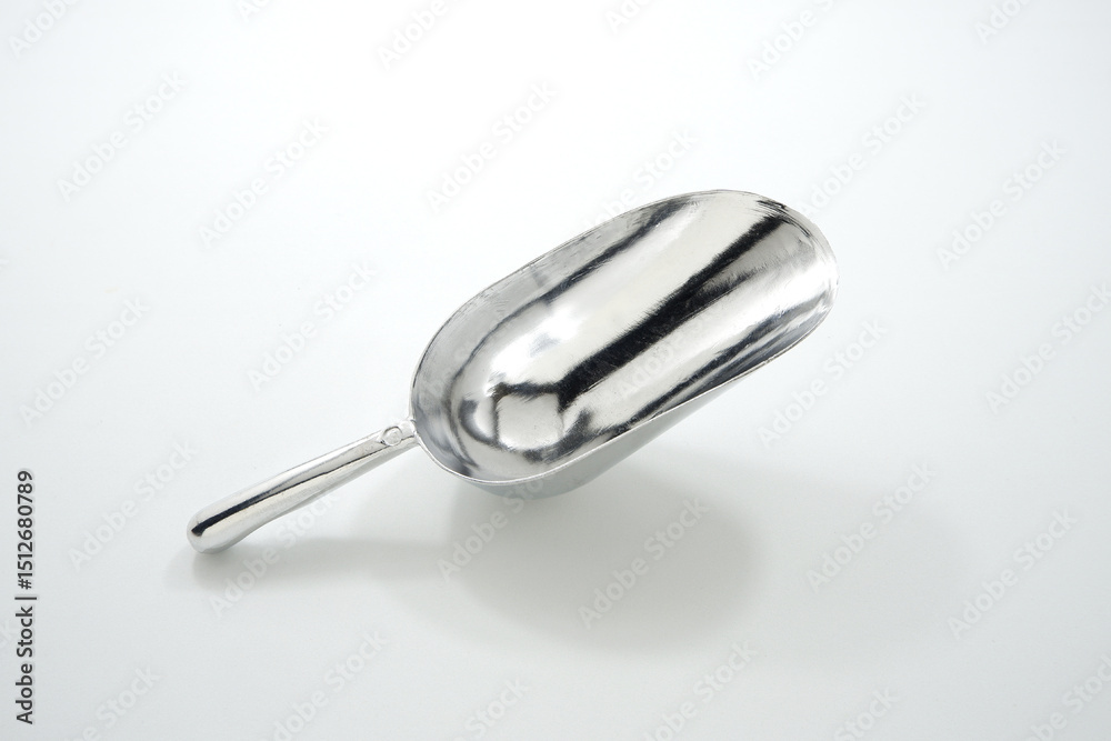 Aluminum scoop isolated on white background close-up shot, Single object, No people Aluminum scoop isolated on white background close-up shot, Single object, No people