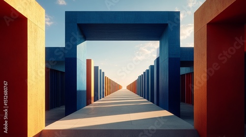 A corridor of considerable length boasts teal and orange doors, bright illumination, and a floor that reflects light