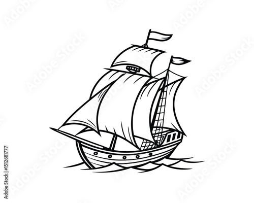 Black and White Illustration of a Classic Sailing Ship at Sea