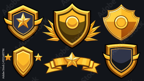 Golden Shield Badges Game UI Assets, Award Icons, Vector Graphics
