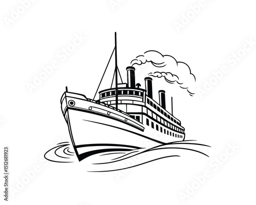 Vintage Steamboat Illustration Black and White Ocean Liner
