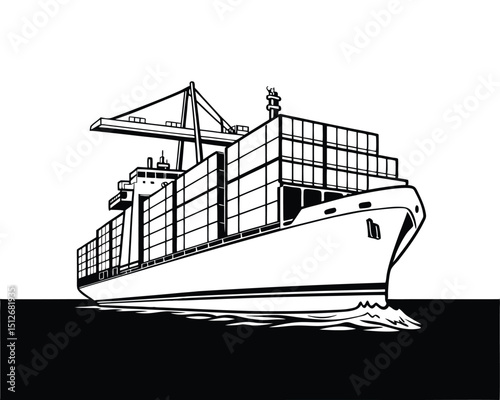 Large Container Ship at Sea Black and White Illustration