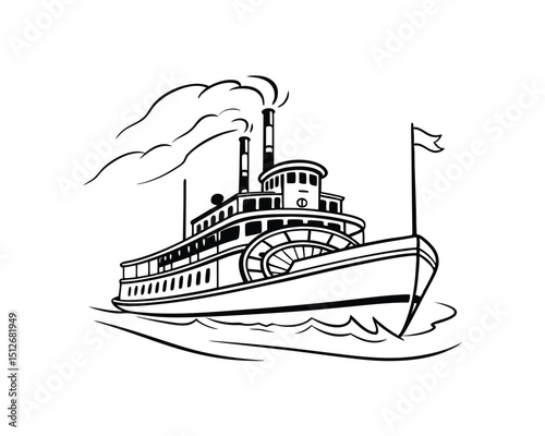 Vintage Paddle Steamer Boat Illustration Black and White