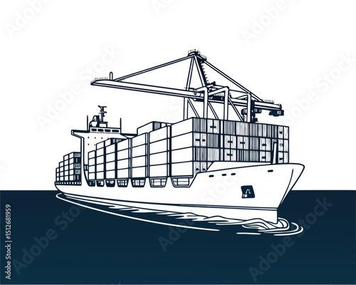 Large Container Ship at Sea with Crane Loading Cargo