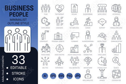 Business people and human resources editable thin line web icon set – office management outline icons