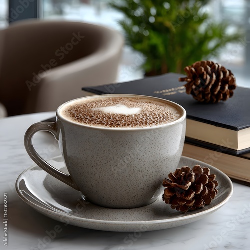 Latte art in a light gray mug on a marble table