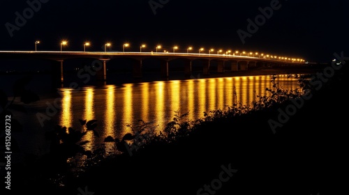City skyline at night featuring a bridge and light trails