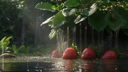 Ripe red strawberries growing in a garden are depicted in a close-up, with water dripping from their leaves down to the ground near a black pipe that irrigates the area