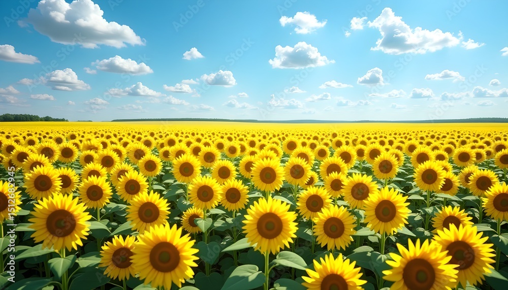 Obraz premium Sunflower Field Under Blue Sky with Fluffy White Clouds