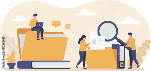 Document, content or research paper, documentation file folder storage, report or paperwork, search or file archive, office contract concept, business people working with paper document file folder