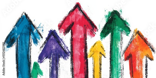 Series of colorful arrows pointing upwards. The arrows are drawn in different colors and sizes, creating a sense of movement and energy. The image conveys a feeling of growth, progress