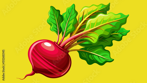 Vibrant Red Beetroot With Lush Green Leaves, Freshly Picked And Isolated On A Yellow Background