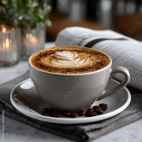 Light gray mug of cappuccino with latte art, newspaper, and candles
