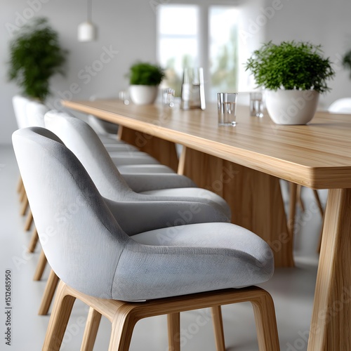 Light-filled room with a long wooden table and light gray chairs