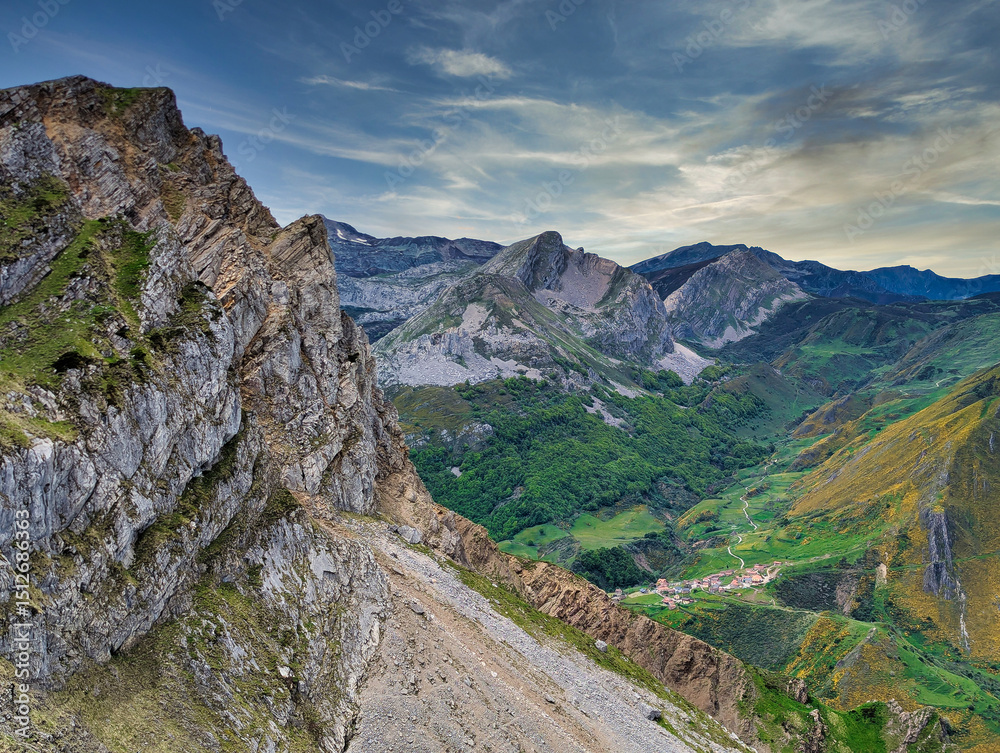 Somiedo valley from El Robezu peak and La Peral village in background, Somiedo Natural Park. Asturias. Spain Somiedo valley from El Robezu peak and La Peral village in background, Somiedo Natural Park. Asturias. Spain