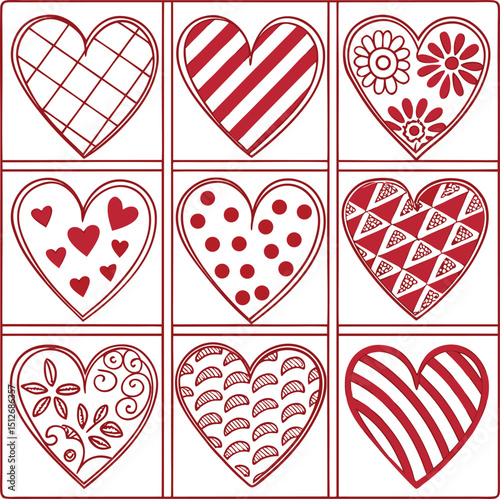 Grid of Playful Hearts with Stripes Dots and Floral Motifs