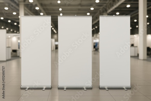 Professional trade show booth setup featuring three vertical roll-up banners with customizable blank space for branding and product promotion.