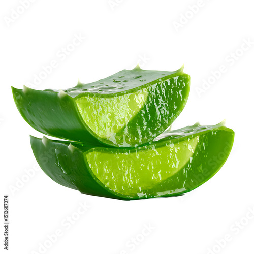 Fresh cut aloe vera gel slice showing translucent inner pulp, glossy surface, isolated on transparent background