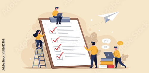 Checklist to complete project task, accomplish work checkmark, todo list clipboard or project status report, plan to finish work concept, business people holding pencil complete task