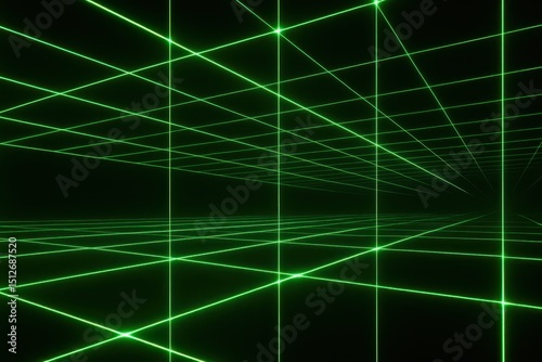 Vibrant emerald laser grid illuminating a dark, empty void, perfect for high-tech presentations and sci-fi concepts.