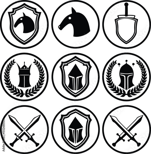 Collection of Medieval Heraldic Symbols in Black and White Vector Illustration