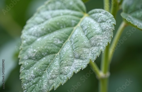 Detail shot of plant leaf affected by powdery mildew. Fungal disease visible with white spots on green surface. Close-up shot of infected plant in garden. Problems with flora. photo
