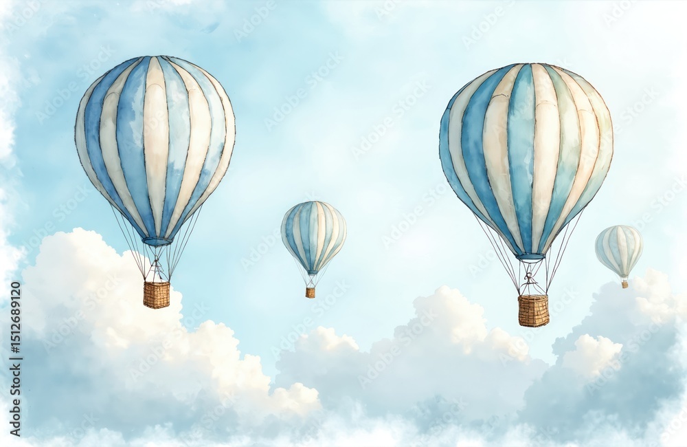 Fototapeta premium Watercolor illustration hot air balloons floating in blue sky. Collection retro airship perfect for baby prints, children posters, home decor, invitations. Pastel colors, hand drawn artwork,