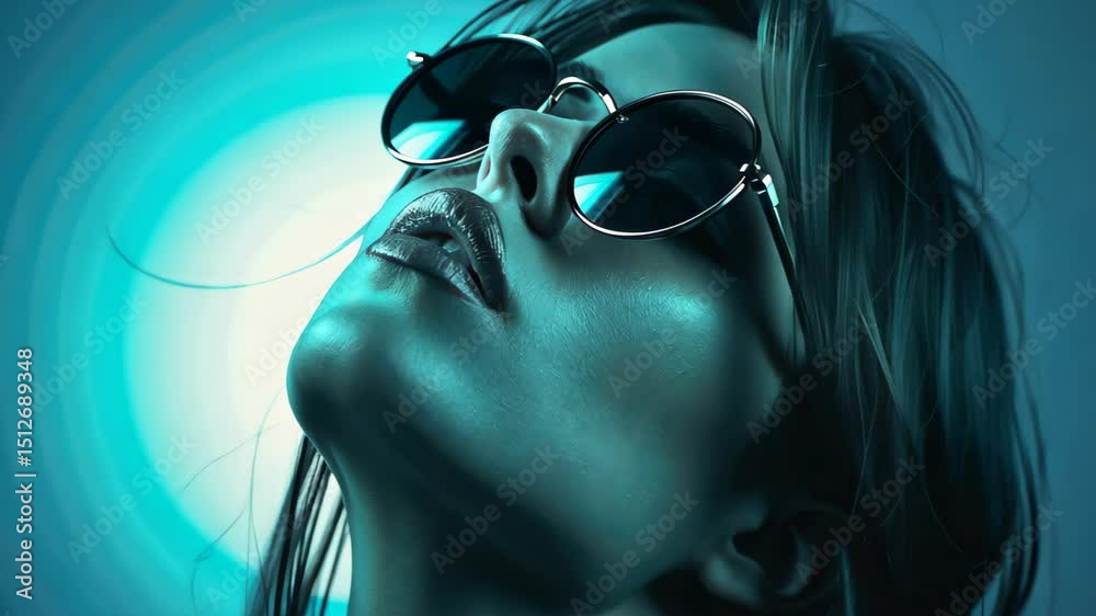 Cool Shades, Mysterious Gaze: A fashion portrait showcasing a woman with dark hair, wearing stylish sunglasses, her face angled upward. The teal lighting adds a mysterious and dramatic touch.