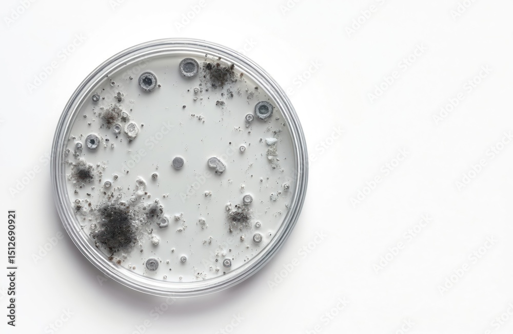 Petri dish isolated on white background. Bacteria, molecules, drops, stains in a Petri dish. Lab research, medical analysis, science, healthcare, experiment, test. Petri dish isolated on white background. Bacteria, molecules, drops, stains in a Petri dish. Lab research, medical analysis, science, healthcare, experiment, test.