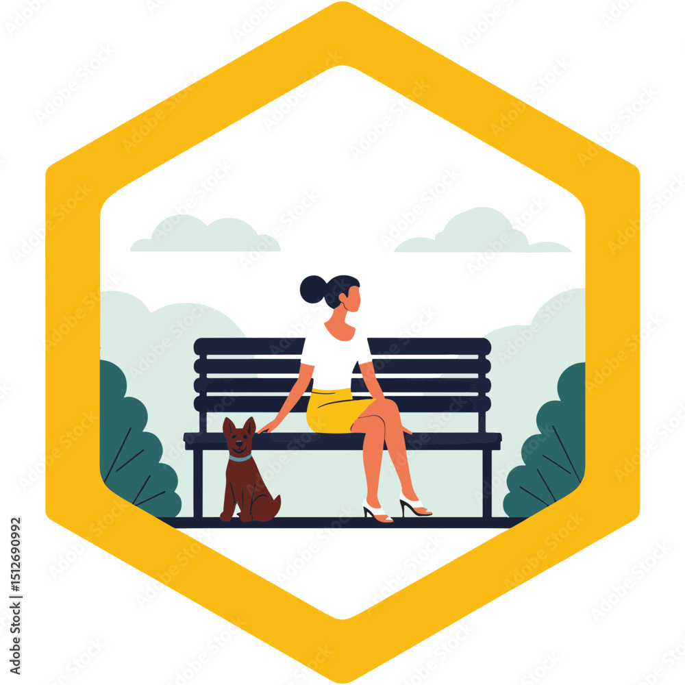 Fototapeta premium Woman sitting on a park bench, calmly petting a dog, against a serene outdoor background with soft clouds, concept of pet care or outdoor recreation