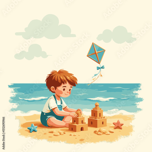 Young boy joyfully building sandcastles on a sunny beach with a colorful kite flying in the background, summer holiday at grandma's concept.