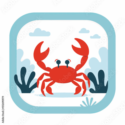Illustration of a red crab waving its claws in a serene underwater scene with aquatic plants and soft clouds, summer holiday concept of marine life or ocean-themed decor