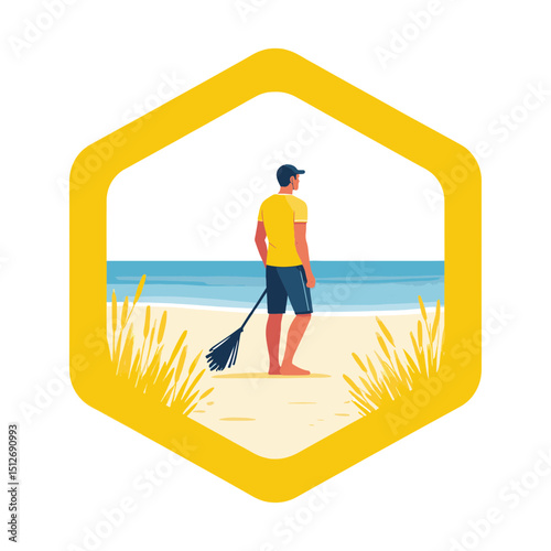 Paddling man looking at the ocean while holding a paddle on a sunny beach with sea waves in the background, summer holiday concept of camper van parked by the beach