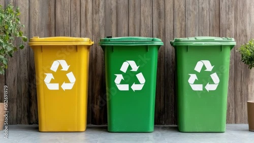 Vibrant yellow and green recycling bins promote eco friendly waste practices against wooden wall.